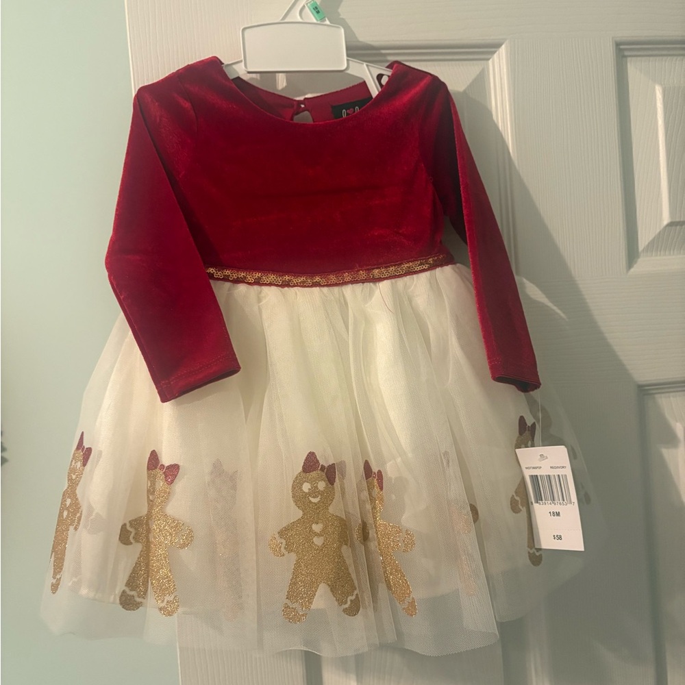 Red and White Holiday Dress with Gold Gingerbread Design